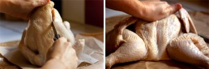 Butterfly Chicken Use a heavy knife to cut through the backbone and press firmly to break open the breastbone