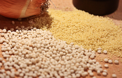Plump Israeli couscous is on the left, and Moroccan couscous on the right