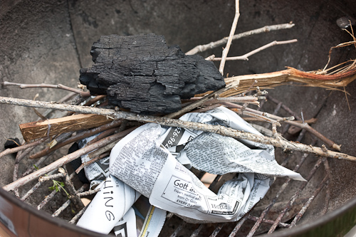 Kindling Prep Paper pretzels, dry kindling and coals for chimney-less ignition
