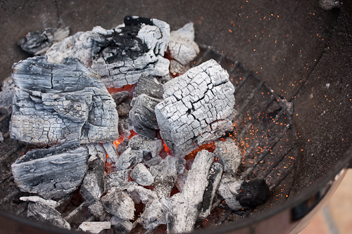 Ready Coals Coals are ready when they're covered by a nice layer of ash