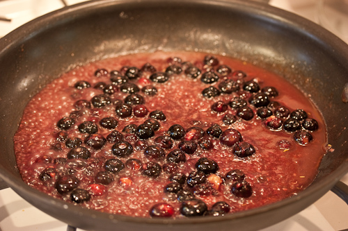 Blueberry Sauce Makes me think of that scene in Charlie & the Chocolate Factory when Violet Beauregarde chews the blueberry pie gum -- the sauce will turn the most delightful purple