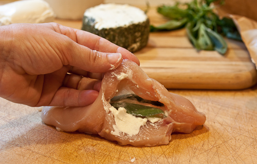 Use larger leaves of sage or of basil -- shown here is a sage leaf, the other one is pushed far down into the narrow part of the breast