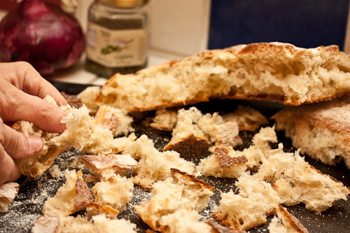 Tearing Bread Very stale bread may to too tough to tear, so use a serrated knife to cut it into chunks