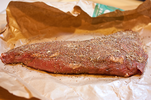 The oil should help the spices to stay put on the tri-tip