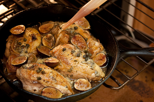 Try not to firehose the chicken with the baster so the rosemary and capers stay on top