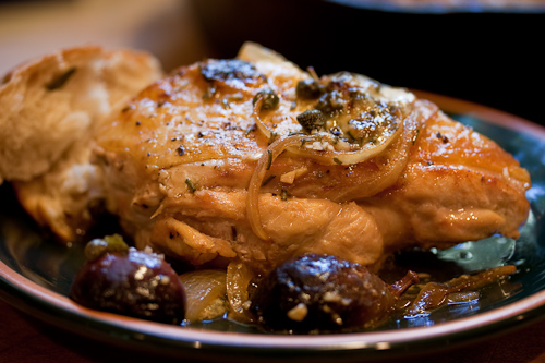 We left the pan in the middle of the table and freely dipped with the bread, but then, do we have manners? Naw...