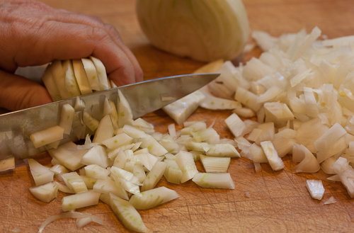 FennelChop Holding the slices together, turn the fennel and slice against the grain