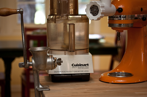 Three options: the old-timey hand crank (courtesy of Jamie's Italian grandma, Ambrogina Bonfiglio Gandola), the Cuisinart and my favorite, the Kitchenaid grinder attachment