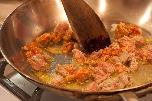 SausageSaute Break up the sausage into small bits