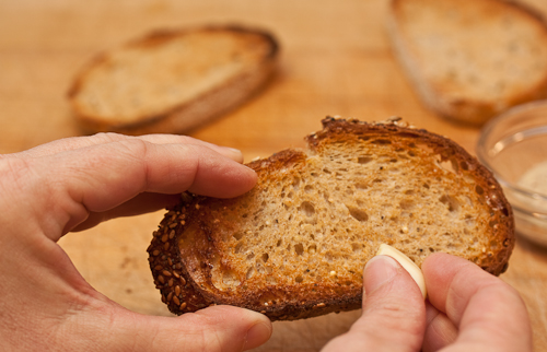 One garlic clove goes a long way -- its just a hint of flavor on each slice
