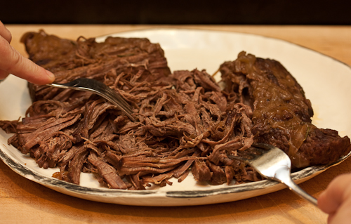 If the beef is cooked enough, this won't take any time at all