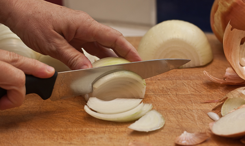 Trim, halve and peel first, then slice