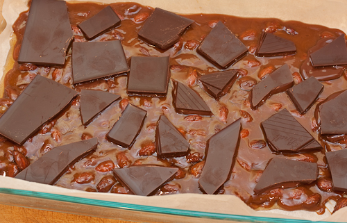 The hot toffee will soften the chocolate